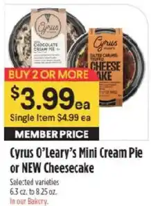 Raley's Cyrus O'Leary's Mini Cream Pie or NEW Cheesecake offer