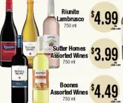 Big Saver Foods Sutter Homes Assorted Wines, Boones Assorted Wines, Riunite Lambrusco offer