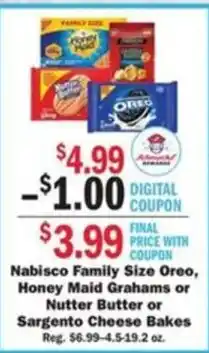 Schnucks Nabisco Family Size Oreo, Honey Maid Grahams or Nutter Butter or Sargento Cheese Bakes offer
