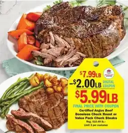 Schnucks Abound Farms Certified Angus Beef Boneless Chuck Roast or Value Pack Chuck Steaks offer