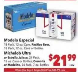 Vallarta Supermarkets Modelo Especial or Michelob Ultra or Estrella Jalisco offer