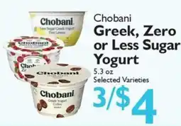 Festival Foods Chobani Greek, Zero or Less Sugar Yogurt offer