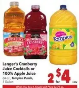 Vallarta Supermarkets Langer's Cranberry Juice Cocktails or 100% Apple Juice offer