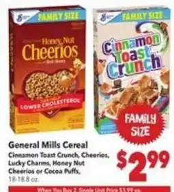 Vallarta Supermarkets General Mills Cereal Cinnamon Toast Crunch, Cheerios, Lucky Charms or Cocoa Puffs offer