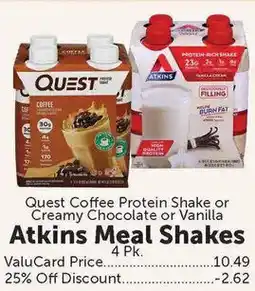 Food City Quest Coffee Protein Shake or Creamy Chocolate or Vanilla Atkins Meal Shakes offer