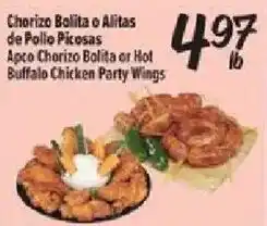 Fiesta Mart Apco Chorizo Bolita or Hot Buffalo Chicken Party Wings offer