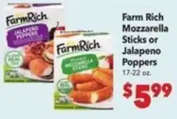 Vallarta Supermarkets Farm Rich Mozzarella Sticks or Jalapeno Poppers offer