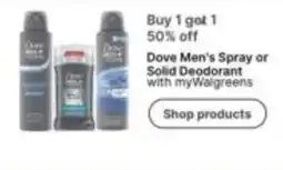 Walgreens Dove Men's Spray or Solid Deodorant offer