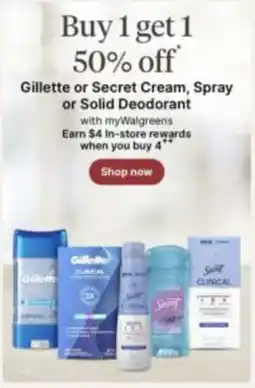 Walgreens Gillette or Secret Cream, Spray or Solid Deodorant offer
