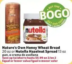 Fresco y Más Nature's Own Honey Wheat Bread or Nutella Hazelnut Spread offer