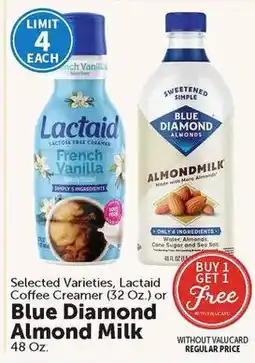 Food City Lactaid Coffee Creamer or Blue Diamond Almond Milk offer