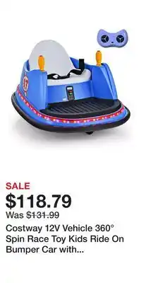 Kohl's Costway 12V Vehicle 360Β° Spin Race Toy Kids Ride On Bumper Car with Remote Control offer