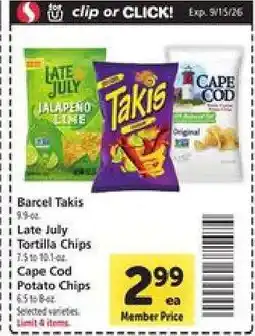 Safeway Barcel Takis, Late July Tortilla Chips, Cape Cod Potato Chips offer
