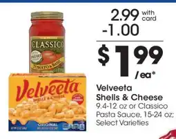 Kroger Velveeta Shells & Cheese or Classico Pasta Sauce offer