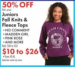 Boscov's Juniors Fall Knits & Fleece Tops offer