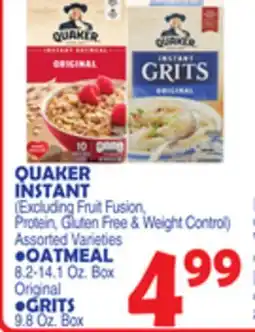 Bravo Supermarkets QUAKER INSTANT OATMEAL 82-14.1 Oz. Box Original, GRITS 9.8 Oz Box offer