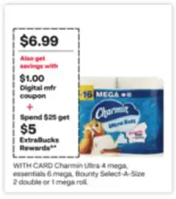 CVS Charmin Ultra 4 mega, essentials 6 mega, Bounty Select-A-Size 2 double or 1 mega roll offer