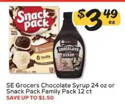 Winn Dixie SE Grocers Chocolate Syrup 24 oz or Snack Pack Family Pack 12 ct offer