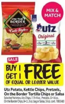 Utz Potato, Kettle Chips, Pretzels, On The Border Tortilla Chips or Salsa