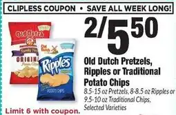 Sentry Old Dutch Pretzels, Ripples or Traditional Potato Chips offer