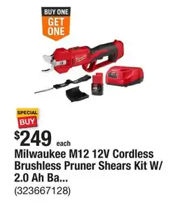 The Home Depot Milwaukee M12 12V Cordless Brushless Pruner Shears Kit W/ 2.0 Ah Battery & Charger offer