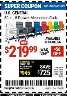 Harbor Freight Tools U.s. General 30 In 5 Drawer Mechanics Carts offer