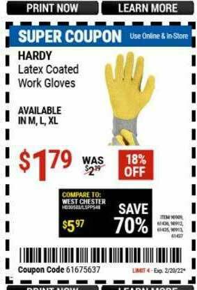 Harbor Freight Tools Hardy Latex Coated Work Gloves offer