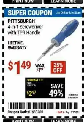 Harbor Freight Tools Pittsburgh 4-in-1 Screwdriver With Tpr Handle offer