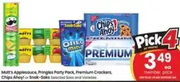 Safeway Mott's Applesauce, Pringles Party Pack, Premium Crackers, Chips Ahoy! or Snak-Saks Selected Sizes and Varieties offer