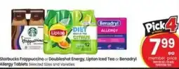Safeway Starbucks Frappuccino or Doubleshot Energy, Lipton Iced Tea or Benadryl Allergy Tablets offer