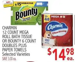 Ingles Markets Charmin 12 count mega roll bath tissue or bounty 6 count doubles plus paper towels offer