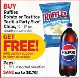 H-E-B Ruffles Potato or Tostitos Tortilla Party Size Chips offer