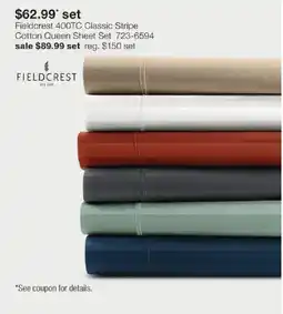 JC Penney Fieldcrest 400TC Classic Stripe Cotton Queen Sheet Set offer