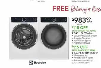 Nebraska Furniture Mart Electrolux 4.5-Cu. Ft. Washer Or 8-Cu. Ft. Electric Dryer offer