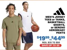 Big 5 Adidas men's jersey tees or tanks, basketball shorts, or sereno aeroready pants offer