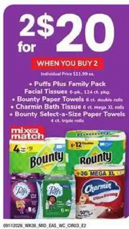 Safeway Puffs Plus Family Pack, Bounty Paper Towels, Charmin Bath Tissue, Bounty Select-a-Size Paper Towels offer