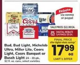 Safeway Bud, Bud Light, Michelob Ultra, Miller Lite, Coors Light, Coors Banquet or Busch Light offer