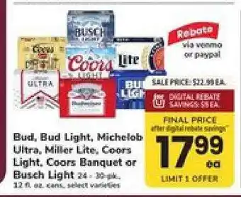 Safeway Bud, Bud Light, Michelob Ultra, Miller Lite, Coors Light, Coors Banquet or Busch Light offer