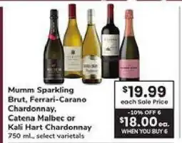 Safeway Mumm Sparkling Brut, Ferrari-Carano Chardonnay, Catena Malbec or Kali Hart Chardonnay offer