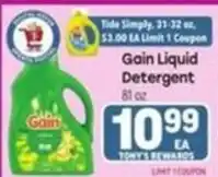 Tony’s Fresh Market Gain liquid detergent offer