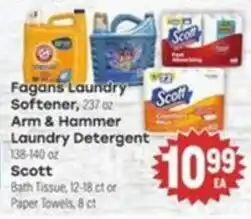 Tony’s Fresh Market Fagans Laundry Softener, Arm & Hammer Laundry Detergent, Scott Bath Tissue or Paper Towels offer