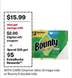 CVS Charmin Ultra 12 mega rolls or Bounty 6 double rolls offer