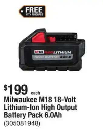Milwaukee M18 18-Volt Lithium-Ion High Output Battery Pack 6.0Ah