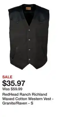 Cabela's RedHead Ranch Richland Waxed Cotton Western Vest - Granite/Raven - S offer