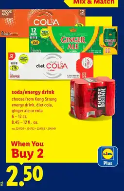 Lidl Kong Strong energy drink, diet cola, ginger ale or cola offer