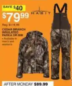 Dunham's Sports Habit cedar branch insulated parka or bib offer