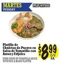 La Michoacana Pork chops in tomatillo sauce with rice & beans platter offer