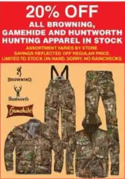 Dunham's Sports Browning, Gamehide and Huntworth hunting apparel offer