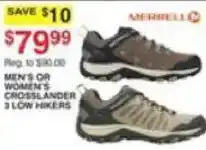 Dunham's Sports Merrell men's or women's crosslander 3 low hikers offer