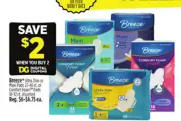Dollar General Breeze Ultra Thin or Maxi Pads 27-46 ct. or Comfort FoamPads offer